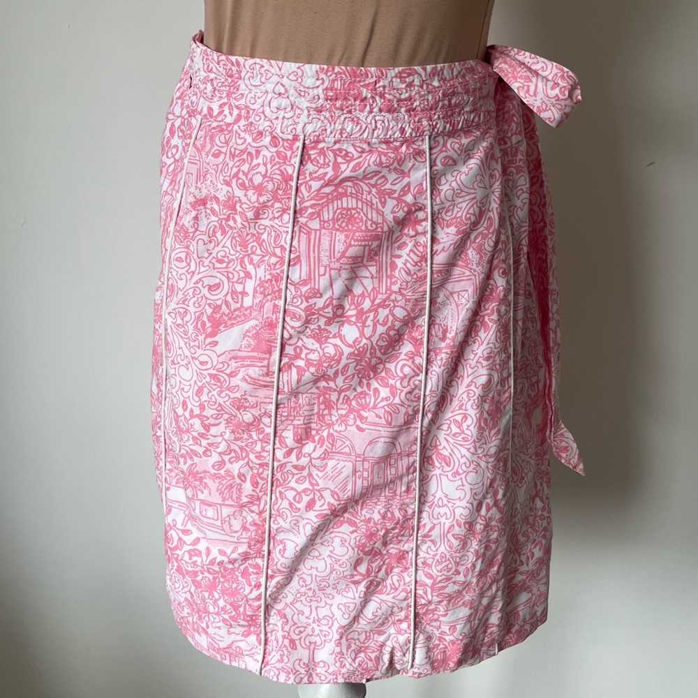 Lilly Pulitzer Jubilee Chandler Floral Print Pink White Cotton Wrap Skirt EUC 2